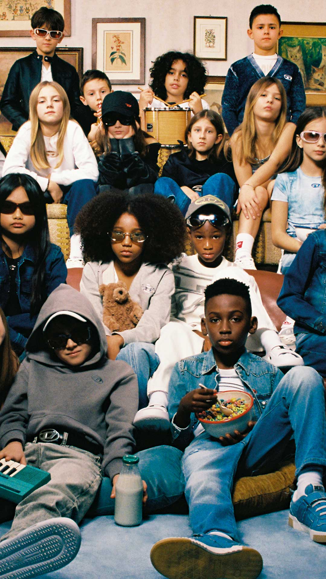 A group of kids wearing SS25 Diesel Collection